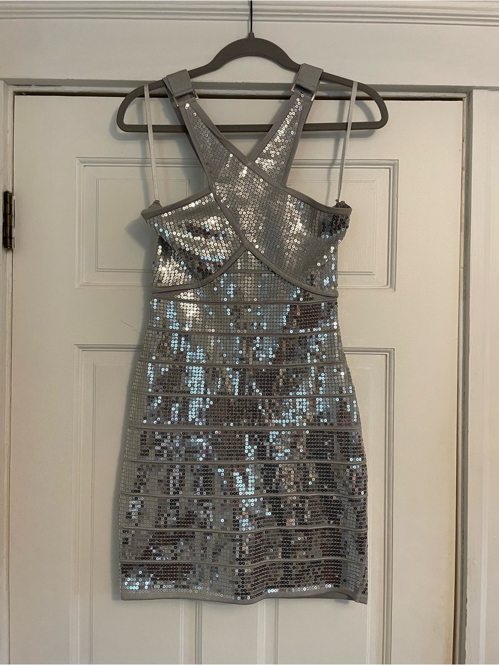 2B Bebe Silver Sequin Crisscross Mini Dress-Size M
